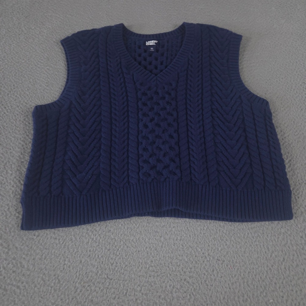 Lands End Vest Womens XL Navy Blue Sweater Cable Knit V-Neck Cotton Blend Chunky